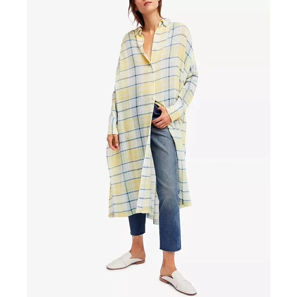 Free People By My Side Button Up Oversized Summer Yellow Plaid Tunic Size XS